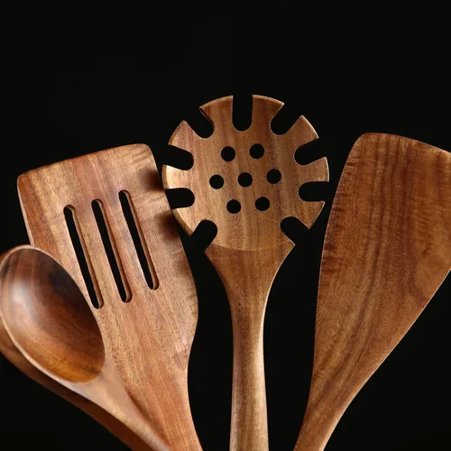 Vista 8 de Juego de utensilios de cocina de madera, 7 cucharas y espátulas de madera de teca natural para sartén antiadherente
