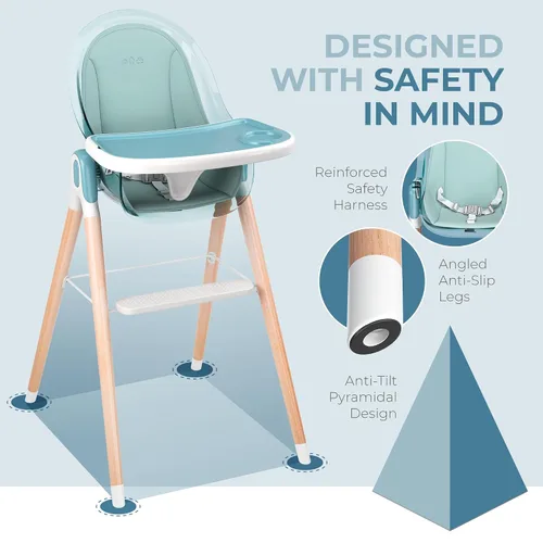 Vista 3 de Silla alta de madera de lujo 6 en 1 para bebés y niños pequeños, moderna, segura y compacta, fácil de limpiar y montar, bandeja y cojín extraíbles
