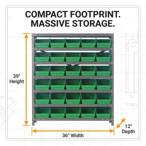 Vista 456 de Quantum QSBU-245BK Heavy Duty Shelving Unit with (7) Shelves and (24) QUS245 Black Bins for Garage Warehouse Storage Distribution 400 lb Load