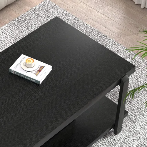 Vista 4 de FOLUBAN - Mesa de café negra, mesa de centro moderna de madera rústica con almacenamiento para sala de estar, mesa de té industrial de 2 niveles