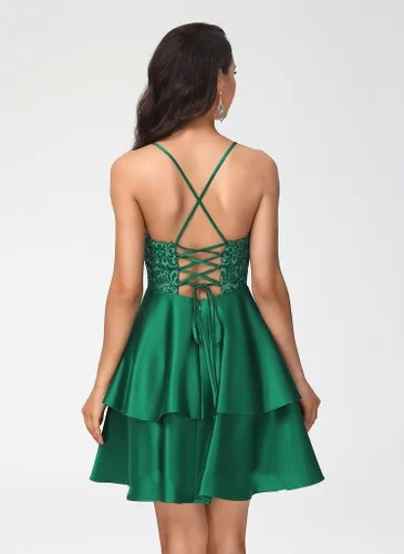 Vista 3 de TIRAS Vestido corto de fiesta con cuello en V para mujer, tirantes delgados, apliques de satén, con bolsillos, para adolescentes, 2023 CM220