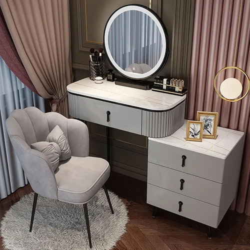Vista 8 de Juego de tocador grande con luces LED, mesa de tocador de maquillaje con gabinete ajustable y taburete acolchado, 3 modos de iluminación, tocador