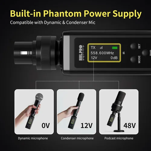 Vista 4 de Transmisor y receptor UHF inalámbrico XLR, rango de 150 pies, adaptador de micrófono inalámbrico enchufable para micrófono dinámico y condensador