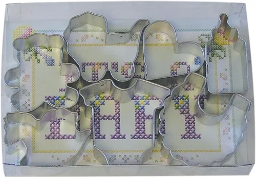 Vista 8 de R&M International Cortadores de galletas para baby shower y fiesta, mameluco, botella, chupete, botín, babero, sonajero, juego de 6 piezas