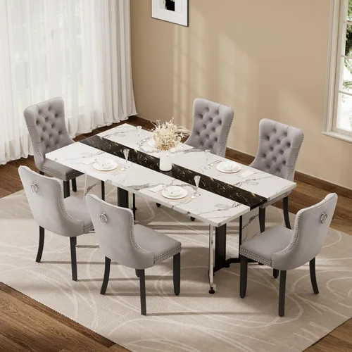 Vista 18 de Juego de mesa de comedor de 5 piezas con 4 sillas, mesa de comedor rectangular de madera de 71 pulgadas con sillas de comedor de terciopelo, tablero