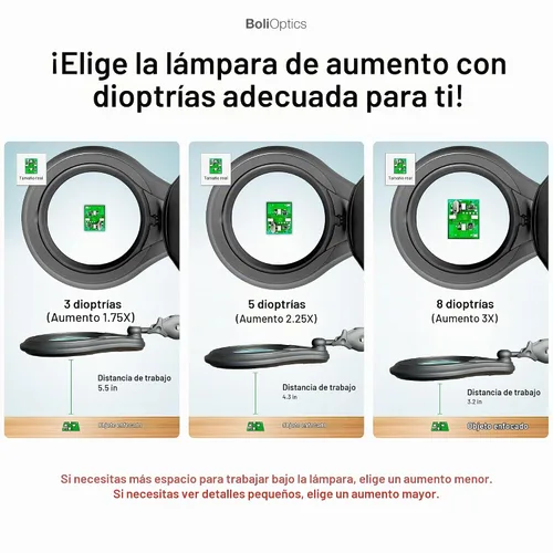 Vista 7 de ESD Safe (lente de cristal) lámpara de aumento LED profesional con abrazadera (5 dioptrías, 2.25X), luz de trabajo, 4 niveles de brillo, brillo
