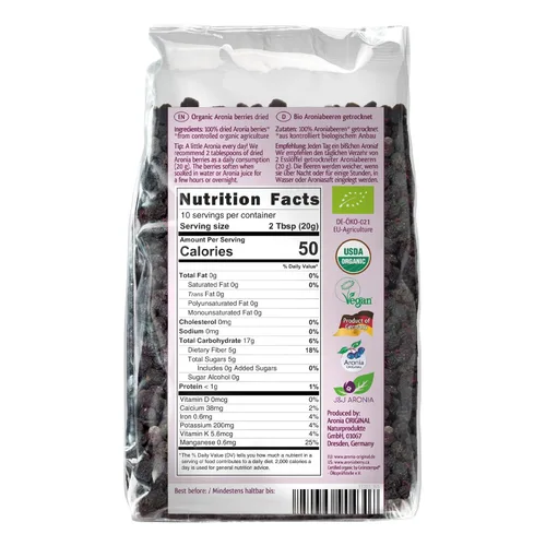 Vista 2 de Bayas de Aronia Orgánicas Secas 7.1 oz (200 g) – Sin Azúcar Añadido Veganas, Sin OMG, Chokeberries Negras Secadas Suavemente Altas