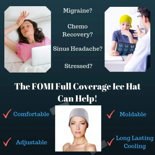 Vista 5 de FOMI Care - Gorro de hielo con cobertura completa de gel para migraña, tapa fría craneal, paquete de recuperación de quimioterapia y dolor de cabeza