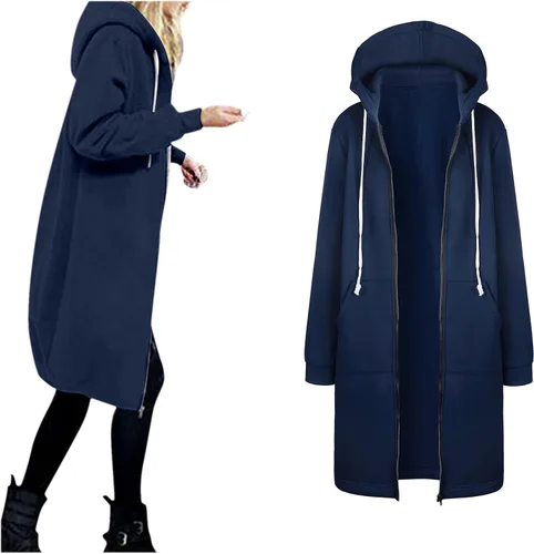 Vista 2 de Sudaderas con capucha para mujer, casual, con cremallera completa, cómodas, largas, para otoño, invierno, sudaderas con bolsillos