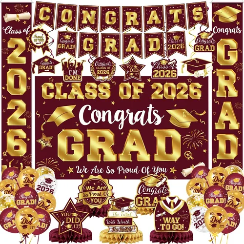Vista 19 de Decoraciones de graduación 2026, juego de decoraciones de graduación rojo y negro con pancarta y telón de fondo de felicitaciones, letrero