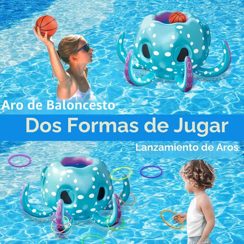 Vista 2 de iPlay, iLearn Juguetes de piscina de pulpo para niños, juego inflable 2 en 1 para piscina, juego de aro de baloncesto y lanzamiento de anillo, juego