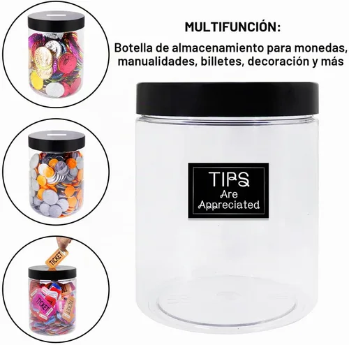 Vista 5 de Tarro grande para monedas, gran plástico transparente para monedas, dinero con punta de dinero ahorro de alcancía con tapa ranurada negra, monedas