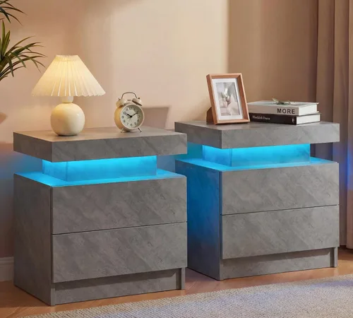 Vista 10 de Generic Juego de 2 Mesitas de noche con 2 cajones, mesa de noche con cajones para muebles de dormitorio, mesa auxiliar con luz LED, color negro