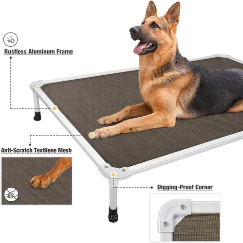 Vista 111 de Veehoo Cama elevada para perros a prueba de mordidas - Cuna elevada refrescante para mascotas - Marco de aluminio plateado y tela de malla