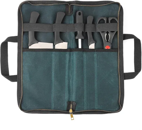 Vista 8 de Lona encerada resistente, estuche multiusos para cuchillos con 5 ranuras, mango duradero, banda elástica (negro)