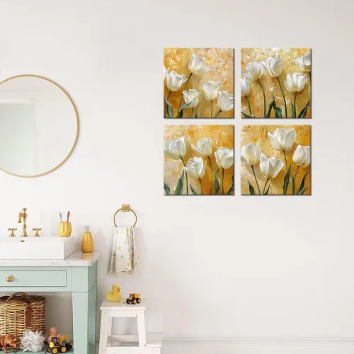 Vista 60 de Wall HDQ Arte de pared de flores para baño, dormitorio, sala de estar, decoración de pared azul y naranja, pintura floral, lienzo impreso, imagen