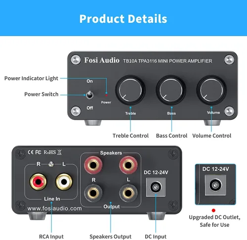 Vista 2 de Fosi Audio TB10A 2 canales estéreo amplificador de audio receptor Mini Hi-Fi Clase D amplificador integrado 2.0CH para altavoces domésticos 100W x 2