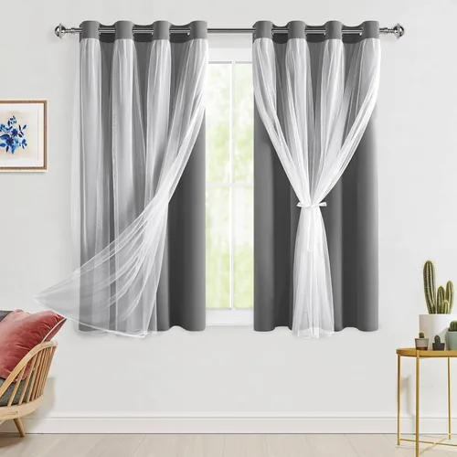 Vista 26 de Hiasan Cortinas opacas con superposición transparente, aislamiento térmico para mezclar y combinar de doble capa, cortinas de oscurecimiento de Beige