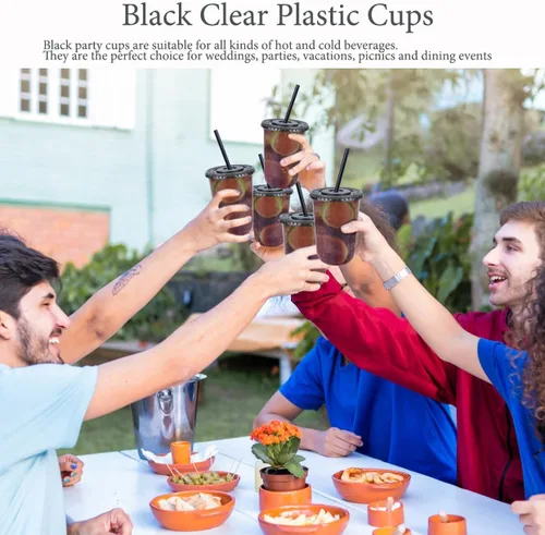 Vista 5 de Juego de 50 vasos desechables sin tallo con tapas y pajillas, vasos de plástico de 16 onzas, taza de café helado, copas de vino de plástico