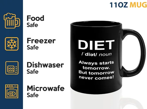 Vista 4 de Taza de café dietista de 11 onzas, color negro, con texto en inglés «Always Starts Tomorrow», dietista nutricionista, nutricionista registrado