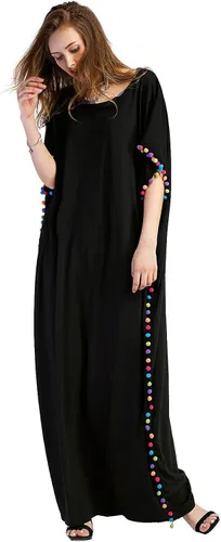 Vista 3 de Floerns Maxivestido caftán holgado con cuello redondo y ribete de pompón para mujer