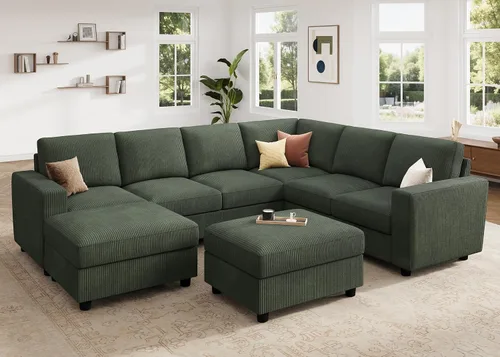 Vista 15 de HONBAY Sofá modular de pana con almacenamiento, sofá en forma de U con diván, sofá modular de 7 plazas para sala de estar, color beige