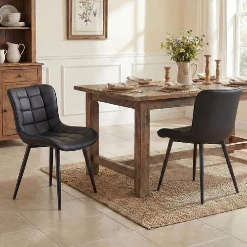 Vista 4 de YOUTASTE Juego de 2 sillas de comedor negras tapizadas de piel sintética con respaldo y patas de metal, sillas de cocina modernas de mediados