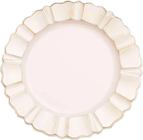 Vista 7 de Efavormart Paquete de 6 Cargadores de Platos de Cena de Plástico Acrílico Beige de 13" con Borde Festoneado Ondulado Cepillado en Dorado