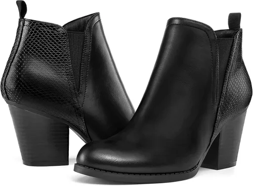 Vista 5 de mysoft Botines de tobillo para mujer con corte en V, panel elástico lateral, tacón grueso apilado con cremallera lateral Patrón de serpiente negro.