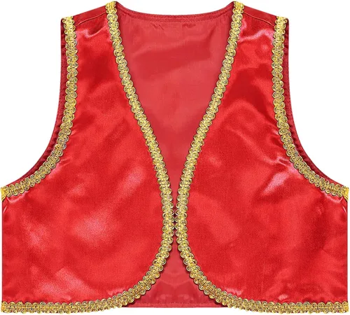 Vista 6 de dPois Disfraz de príncipe árabe vintage para niños, chaleco dorado y sombrero con frente abierto, disfraz de Halloween