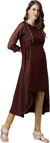 Vista 5 de Janasya Kurta de crepé polivinílico marrón indio para mujer