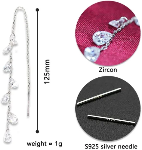 Vista 6 de 925 Sterling Silver Tassel Drop Earrings Long CZ Droplet Dangle Threader Earrings for Women