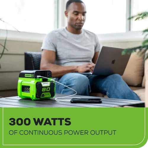 Vista 4 de Greenworks Inversor de corriente Pro de 80 V (300 vatios), 120 V CA, para cargar dispositivos electrónicos pequeños, teléfonos inteligentes