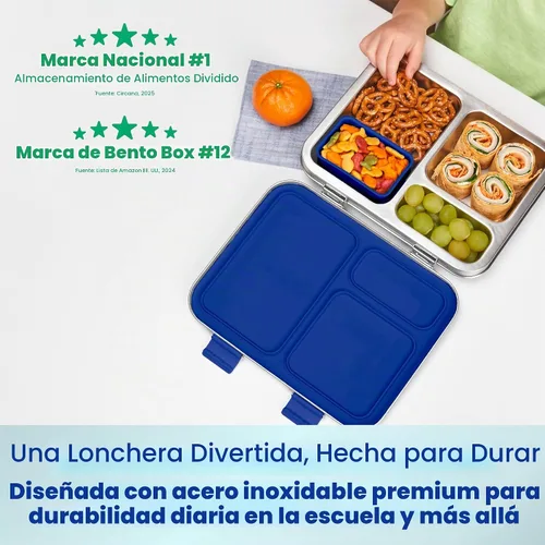 Vista 2 de Bentgo Kids Prints - Lonchera de acero inoxidable con 3 compartimentos Tiburón