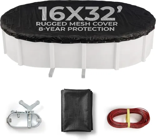 Vista 10 de Cubierta Defender para alberca ovalada en suelo, para el invierno., Negro Woven Polyethylene, Extra 4-ft Overlap, Mesh Debris Barrier, Metal