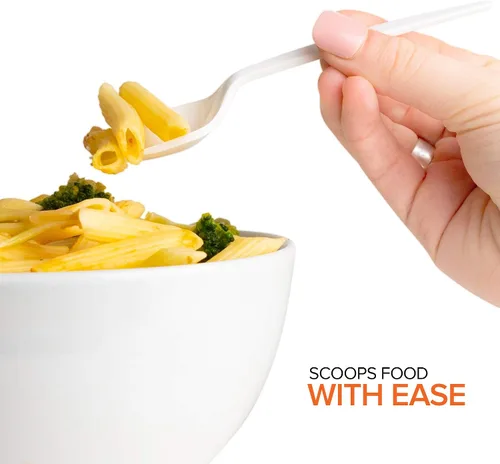 Vista 4 de Sporks desechables (paquete de 50) tenedores de plástico blanco, sin BPA, seguros para niños, utensilios 2 en 1, cuchara de tenedor de peso pesado