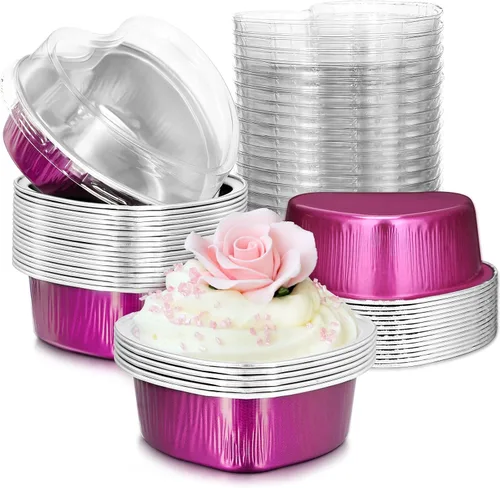 Vista 8 de Juego de 40 moldes de papel de aluminio para tartas en forma de corazón con tapas, 3.4 fl oz/3.4 onzas, desechables, mini tazas para hornear