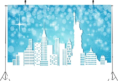 Vista 3 de BELECO Telón de fondo de tela de 5 x 3 pies con diseño de Feliz Navidad en Nueva York, escena de nieve, puntos con purpurina azul, estrellas