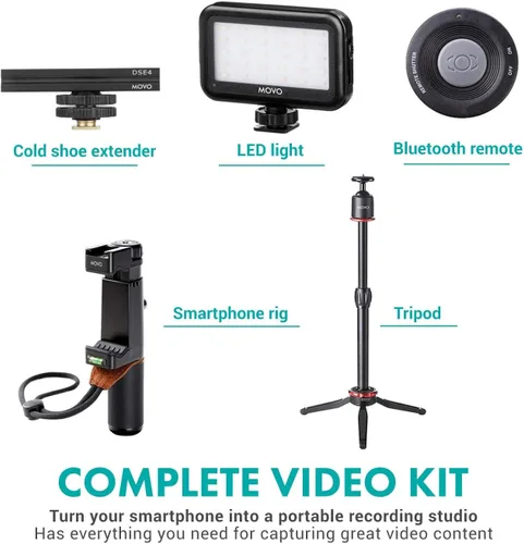 Vista 6 de Movo V8 - Kit de vlogging para iPhone con trípode, agarre, micrófonos, luces LED y vlog remoto inalámbrico, paquete de inicio de YouTube para Apple