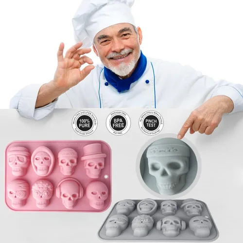 Vista 8 de Paquete de 2 moldes de silicona de calavera 3D con 8 cavidades con temática de calavera para hornear, herramienta de horneado para pastel