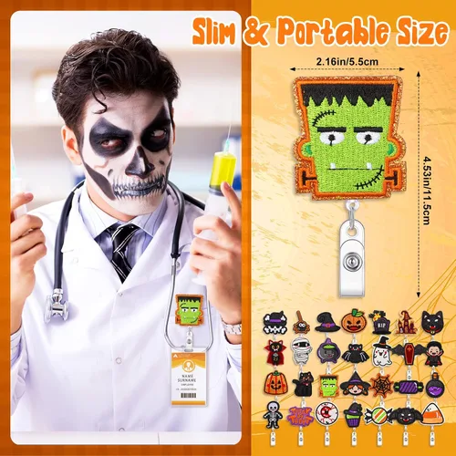 Vista 3 de Zeyune Carrete de insignia de Halloween, 28 unidades, para enfermeras, telaraña, calabaza, vacaciones, carretes retráctiles para Halloween