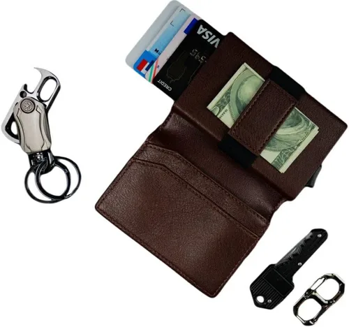 Vista 6 de Portatarjetas de cuero y organizador de llaveros cartera para hombres juego de regalo para cumpleaños día del padre o vacaciones marrón