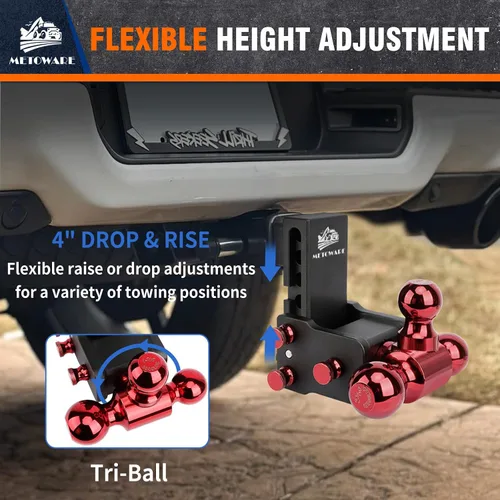 Vista 5 de METOWARE Enganche de remolque ajustable para receptor de 2" Tri-Ball 4 Negro + rojo
