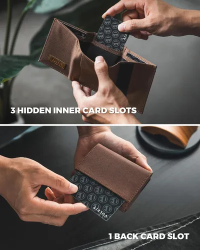 Vista 10 de VULKIT Cartera de cuero minimalista con bloqueo Rfid triple billetera delgada para tarjetas de crédito con 3 ventanas de identificación y bolsillo