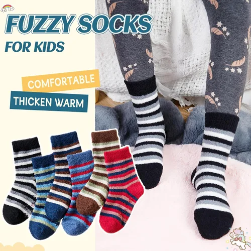 Vista 5 de Eyean Calcetines peludos para niños, antideslizantes, suaves y esponjosos, calcetines cálidos de felpa acogedora para niños y niñas, 6 pares