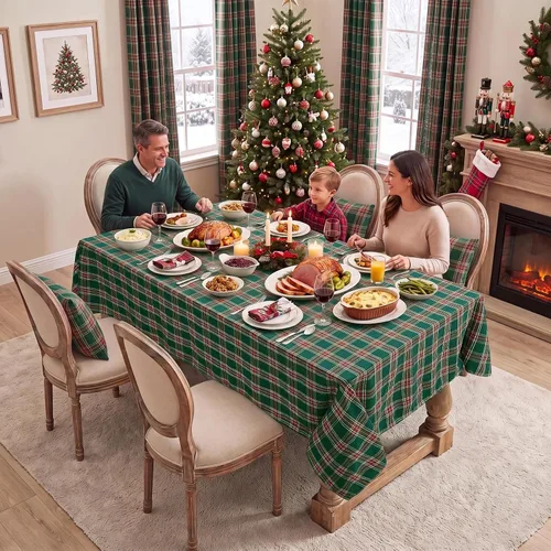 Vista 2 de Softalker Mantel rectangular de Navidad a cuadros, mantel de franela de algodón a cuadros de búfalo verde, decoración de mesa de invierno