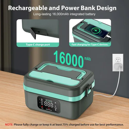 Vista 3 de EDCERATY - Fiambrera eléctrica para adultos, calentador de alimentos autocalentable recargable de 60 W con recipiente de acero inoxidable de 1
