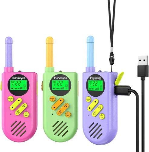 Vista 19 de Inspireyes Walkie Talkies para niños recargables, juguetes para niños y niñas de 3 a 12 años, paquete de 2 radios bidireccionales de largo alcance