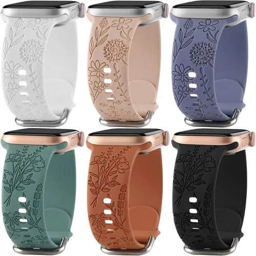 Vista 10 de Paquete de 6 correas de silicona grabadas con estampado floral compatibles con Apple Watch de 1.575 in 1.614 in 1.496 in 1.654 in 1.732 in 1.772 in
