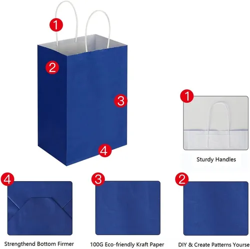 Vista 6 de Oikss Cada paquete de 50 bolsas pequeñas de papel kraft azul y morado con asas a granel